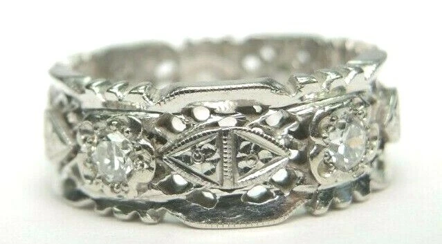 Antique Art Deco Diamond Eternity Wedding Band 14K White Gold EGL USA Rg Sz 7.5